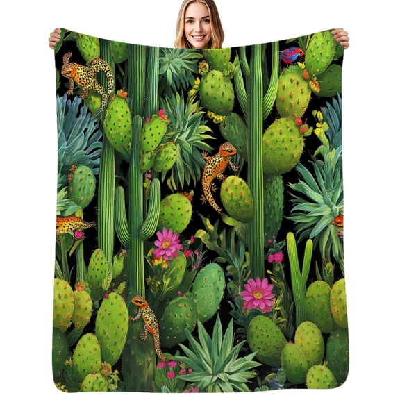 Desert cacti lizards flowers vibrant Flannel Blankets Soft Warm Throw Blanket Autumn Camping Bedroom Aesthetic Bedspread