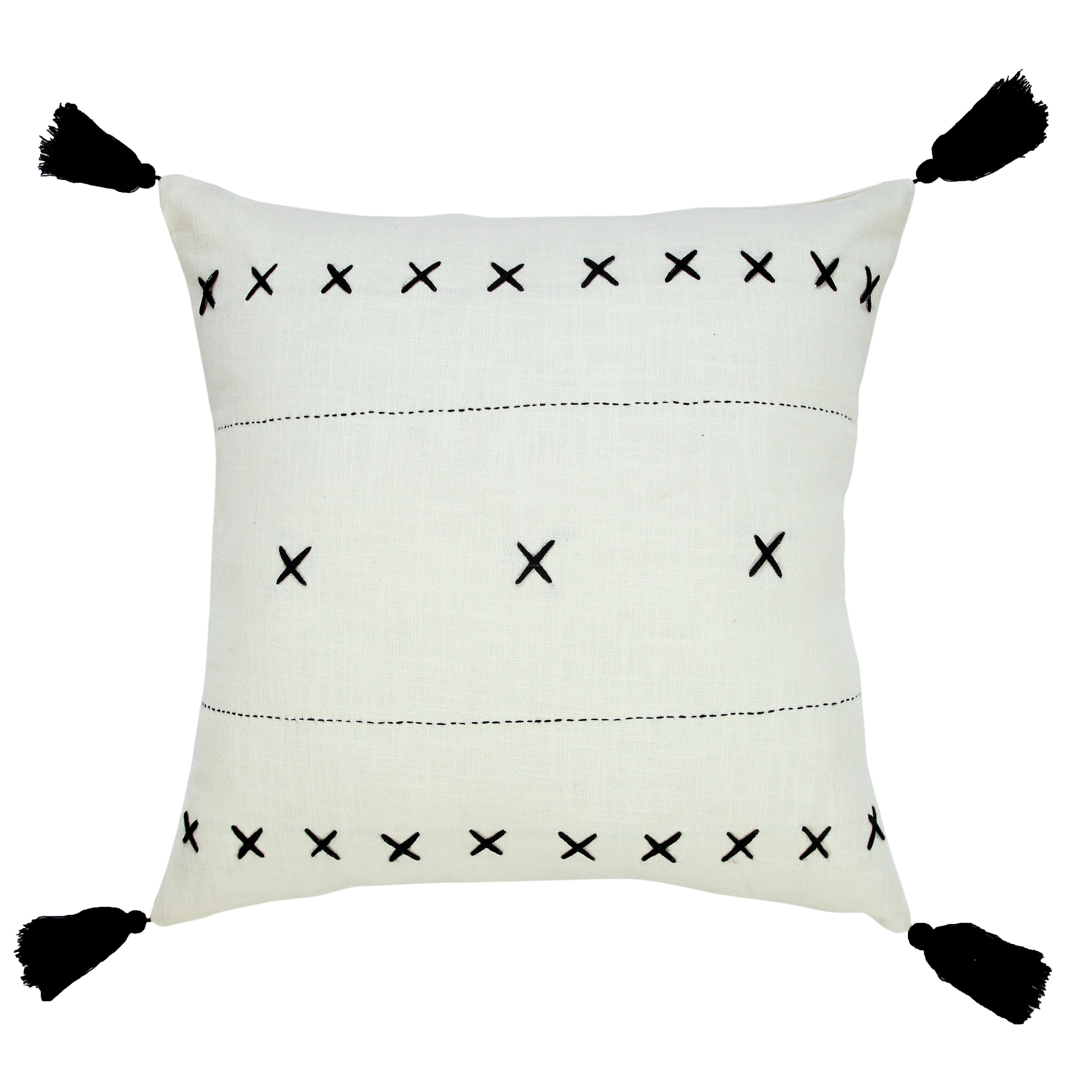 20" White and Black Embroidered Cotton Throw Pillow