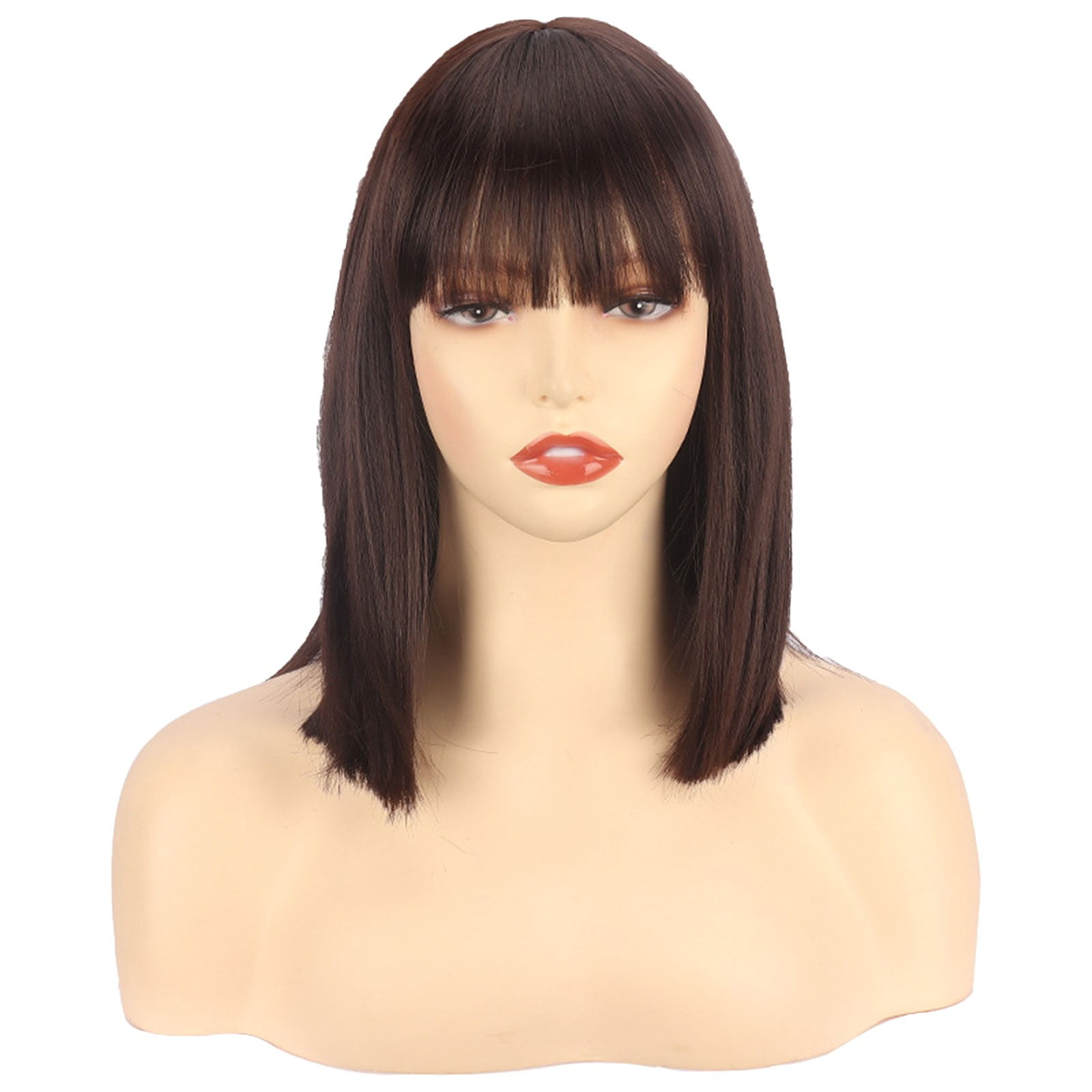Desertasis wigs human hair glueless wigs human hair pre plucked pre cut wig for women Women's Wig Short Straight Hair With Flat Bangs Bob One Cut High Temperature Wire Wig Headcover B One Size