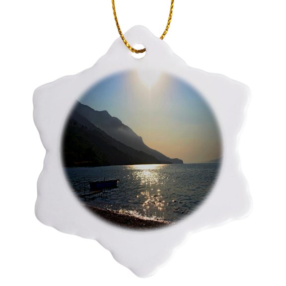 3drose, Deserted Beach and Fishing Boat at Akbuk, 3 inch Snowflake Porcelain Ornament
