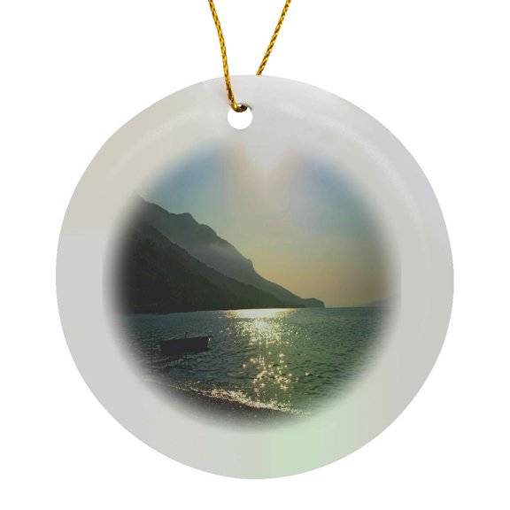 3drose, Deserted Beach and Fishing Boat at Akbuk, Circle Porcelain Ornament