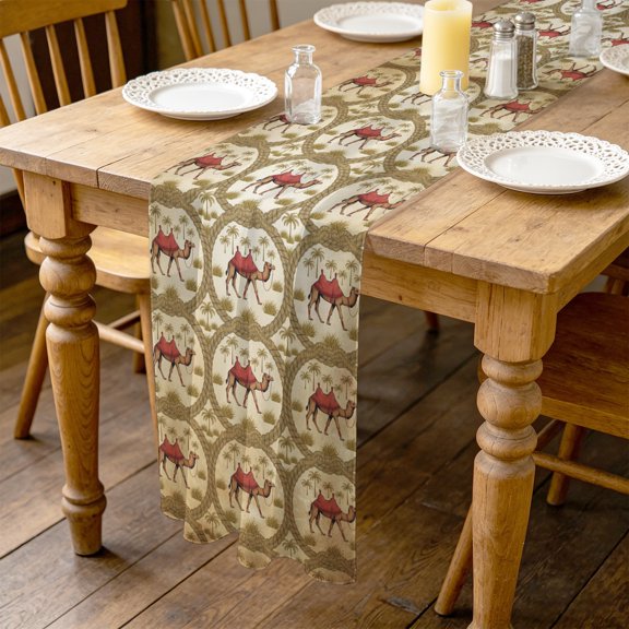 Deserts Camels 4.5ft Cheesecloth Table Runner for Dining 19"x55", Retro Date Coconut Trees Ropes Grassroots Animals Kitchen Dinner Sheer Tulle Chiffon Dresser Scarf, Holiday Party Decorations