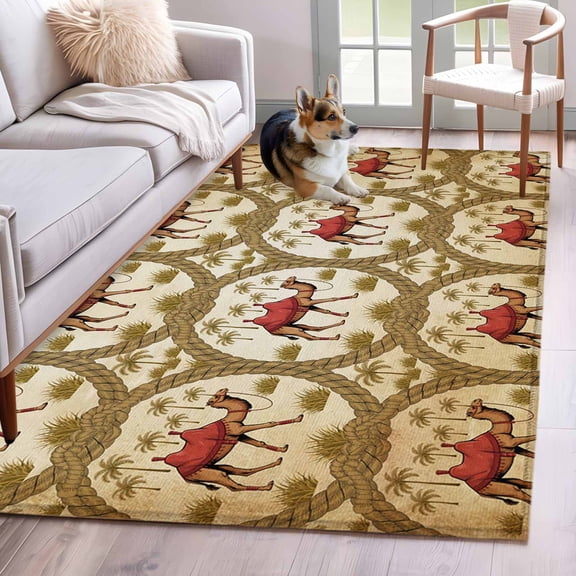 Deserts Camels Area Rugs 3x5 ft Retro Date Coconut Trees Ropes Grassroots Animals Washable Rug Non Slip Indoor Carpet Absorbent Floor Mat for Living Room Bedroom Dining Room