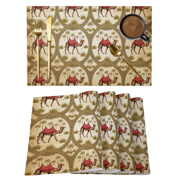 Deserts Camels Cotton Linen Placemats Set of 1, Retro Date Coconut Trees Ropes Grassroots Animals Washable Table Place Mats Heat Insulating Placemat for Dining Room Kitchen Daily Use 13 x 19 Inch
