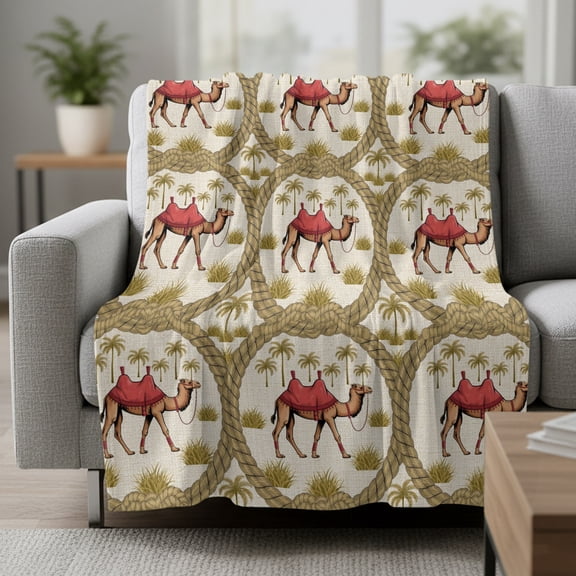 Deserts Camels Fleece Throw Blanket Date Coconut Trees Ropes Grassroot Animal Linen Texture Ultra Soft Fuzzy Cozy Flannel Throw Blanket for Couch Sofa Bed Car Travel, Ideal Gifts 40x60 Inches