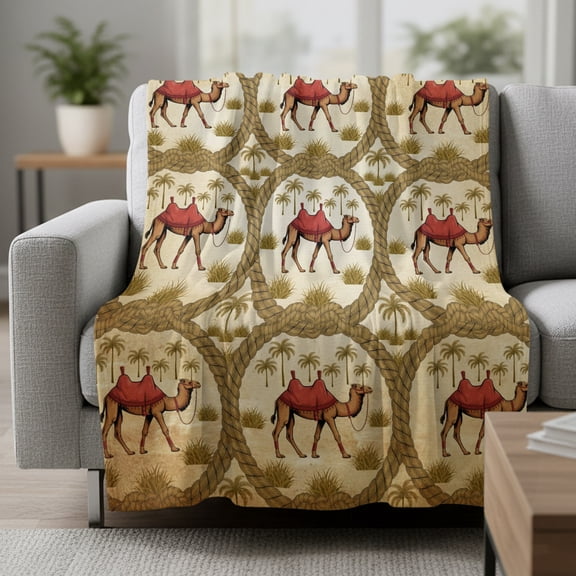 Deserts Camels Fleece Throw Blanket Retro Date Coconut Trees Ropes Grassroots Animals Ultra Soft Fuzzy Cozy Flannel Throw Blanket for Couch Sofa Bed Car Travel, Ideal Gifts 30x40 Inches