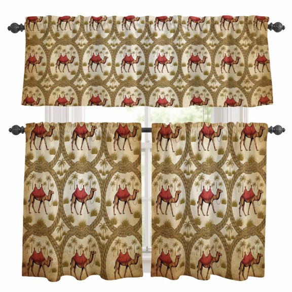 Deserts Camels Kitchen Curtains Valances and Tiers Set of 3 Retro Date Coconut Trees Ropes Grassroots Animals Tier Curtains and Valance with Rod Pocket for Small Windows, 27.5"x36"