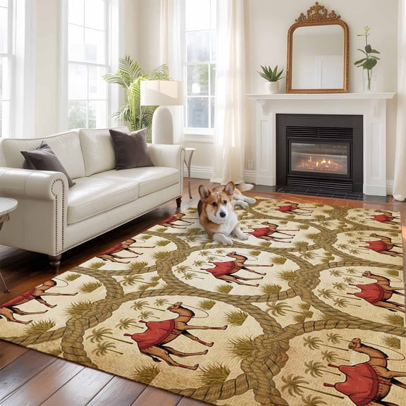 Deserts Camels Large Area Rugs 5x8 ft Retro Date Coconut Trees Ropes Grassroots Animals Washable Rug Non Slip Indoor Carpet Absorbent Floor Mat for Living Room Bedroom Dining Room