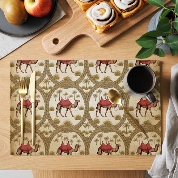 Deserts Camels Placemats Set of 1, Retro Date Coconut Trees Ropes Grassroots Animals Heat Insulated Linen Place Mats, Washable Stain-Proof Table Mats for Dining Tables Holiday Decor 13x19 Inches