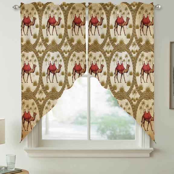 Deserts Camels Swag Kitchen Curtain Valances, Retro Date Coconut Trees Ropes Grassroots Animals Rod Pocket Curtains Window Treatment Decor Valances for Bedroom Bathroom, 2 Panels 36 x 36 Inch