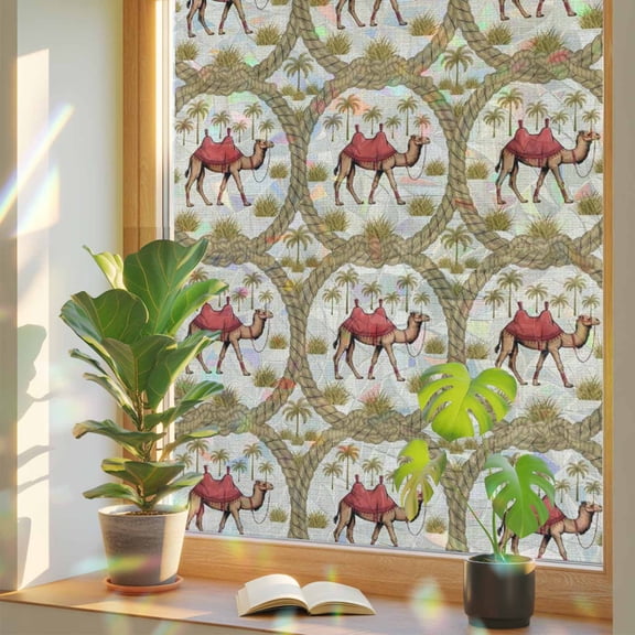 Deserts Camels Window Privacy Film, Date Coconut Trees Ropes Grassroot Animal Linen Texture Stained Glass Rainbow Film Decorative Window Clings, Static Cling Sun Blocking Stickers 29.5" x 118"