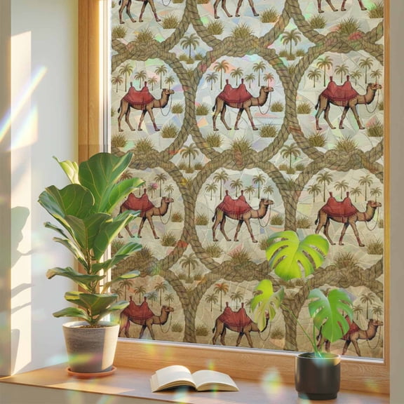 Deserts Camels Window Privacy Film, Retro Date Coconut Trees Ropes Grassroots Animals Stained Glass Rainbow Film Decorative Window Clings, Static Cling Sun Blocking Stickers 17.7" x 39.3"
