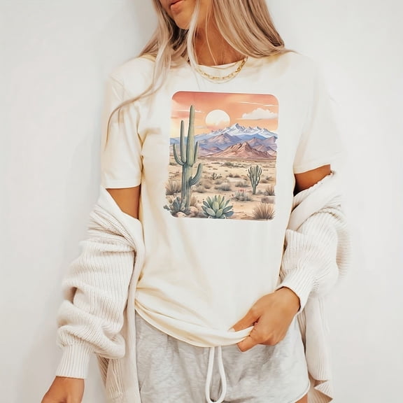 Desertus Sun Mountain Landspe Graphic With Agave And Saguaro Art On Natural fotton S1Hirt uthwestern Scene19