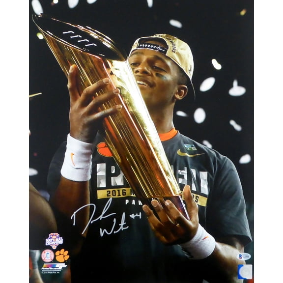 Deshaun Watson Autographed 16x20 Photo Clemson Tigers Holding Trophy Beckett BAS 113719
