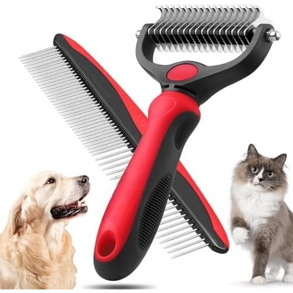 Deshedding Brush for Long Haired Dogs Cats,Undercoat Shedding Rake for Dematting Detangling Tangles Matted and Knots,Metal Comb,Professional Supplies Tool Kit,Red