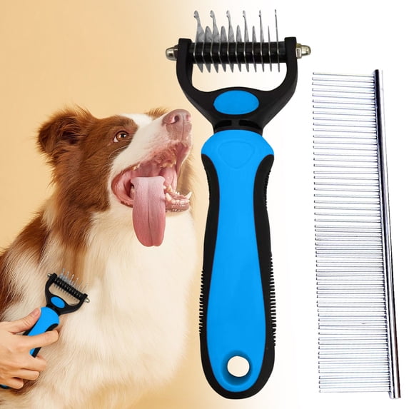 Deshedding Dematting Tool, Double-Sided Undercoat Rake, Extra-Wide Grooming Brush for Long Hair Dogs & Cats, 95% Shedding Reduction