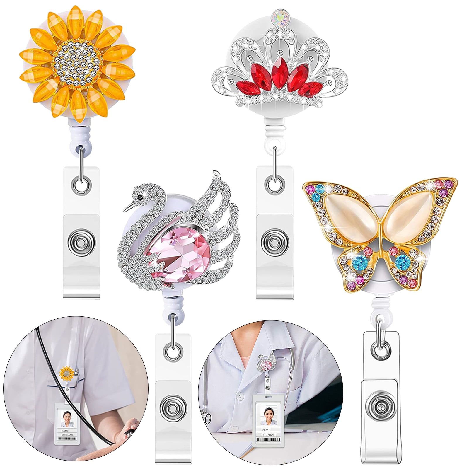 Desheus Badge Reel Rotatable Inlaid Alloy Beautiful Shiny ID Tag Reel