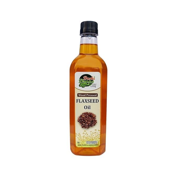 Deshi Drops 100% Pure & Unrefined Wood Pressed Flaxseed Oil Rich in Omega 3 Fatty Acids, Ideal for Heart Health, Skin Care, Hair Nourishment, and Overall Wellness -16.9 OZ ( 500 ML )