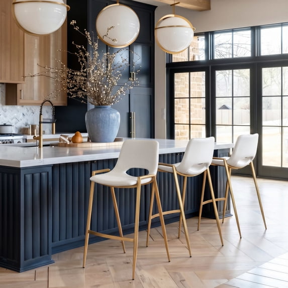 Desi Barstool White & Gold Barstool, Modern Style, Plush and durable faux leather fabric, Steel, Indoor Bar
