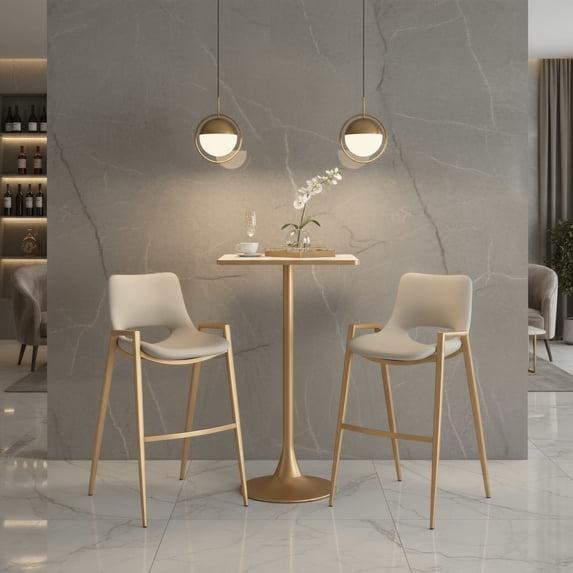 Desi Barstool Beige & Gold Barstool, Modern Style, Plush and durable faux leather fabric, Plywood, Indoor Bar