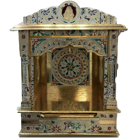 Desi Bazar Meenakari Wooden Pooja Mandir for Home Daily Puja/Aarti/ Altar Temple Golden - 19 Inches No Doors