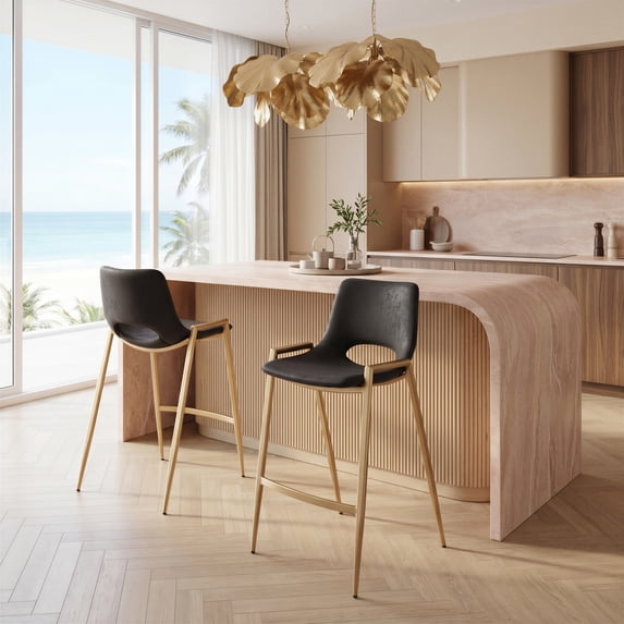 Desi Counter Stool Black & Gold Counter Stool, Modern Style, Plush and durable faux leather fabric, Steel, Indoor Bar