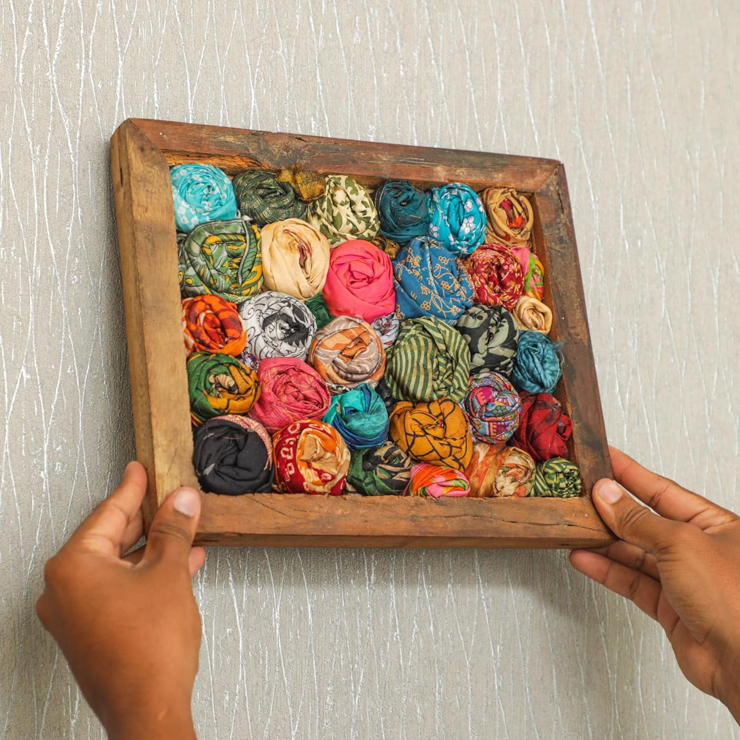 Handmade Multicolor Fabric Wall Art in Rustic Wood Frame