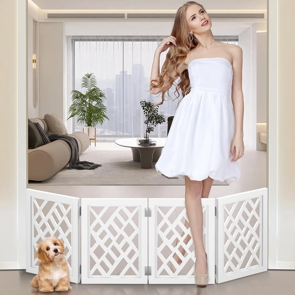 Design 16" Short Dog Gate for Small Dogs, Foldable Retractable Puppy Gate Indoor - Freestanding Lightweight Pet Barrier for Doorways, Stairs, Hallways (Extends to 35", White)