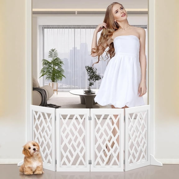 Design 16" Short Dog Gate for Small Dogs, Foldable Retractable Puppy Gate Indoor - Freestanding Lightweight Pet Barrier for Doorways, Stairs, Hallways (Extends to 35", White)