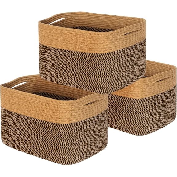 Design 3-Pack Storage Baskets for Shelves, Decorative Baskets for Organizing, Woven Baskets for Storage, Book Basket Cube Storage Bin Box, Pantry Closet and Shoe Organizers, Black Jute