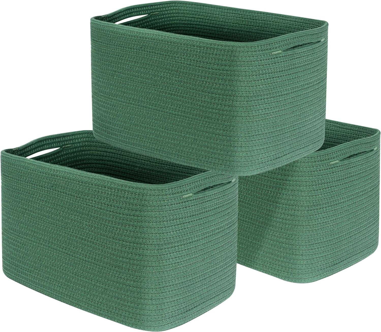 Green Cotton Rope Rectangular Storage Baskets, Set of 3