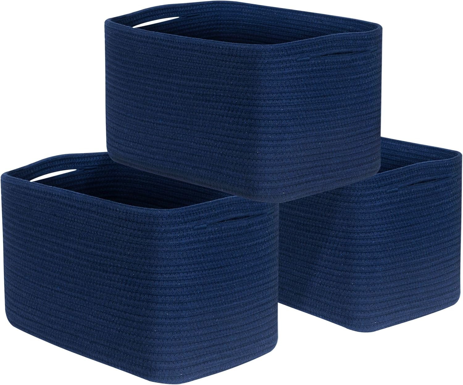 Navy Blue Cotton Rope Rectangular Storage Baskets with Handles, Set of 3
