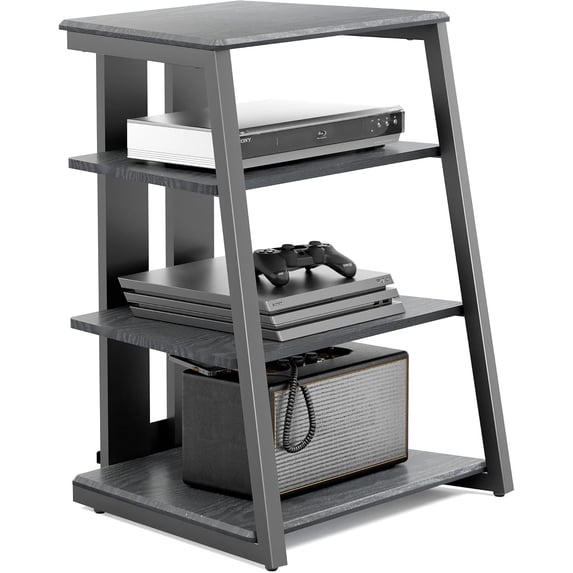 Design 4-Tier AV Media Stand Corner Shelf for Record Player Wooden Stereo Cabinet Audio Rack Tower with Height Adjustable Wooden Shelves for/Apple TV/Xbox One/ps4 (Night Black)