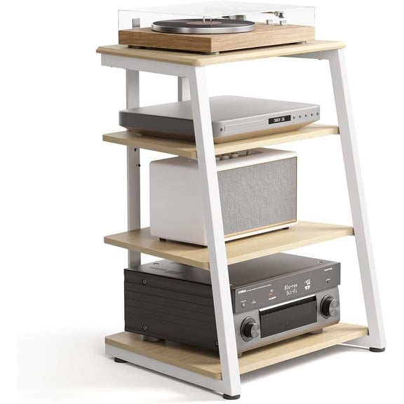 Design 4-Tier AV Media Stand Corner Shelf Stand Wooden Corner Shelves Component Cabinet Stereo Rack Audio Tower with Height Adjustable Wooden Shelves for ps4 (White Oak)