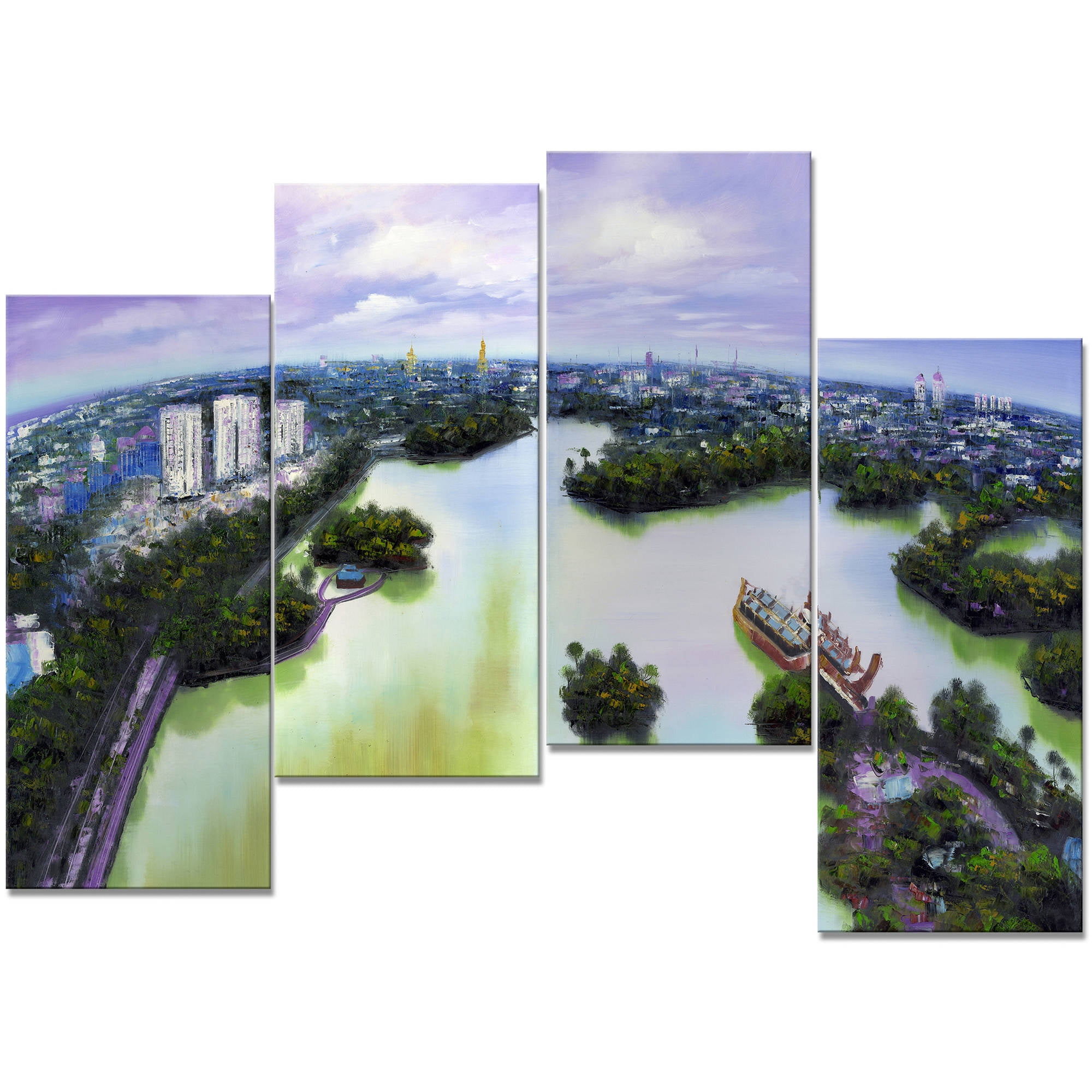 Design Art Asian Cityscape on the Water, 4 Pieces, 48" x 28"