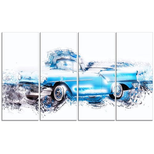 Design Art Baby Blue Vintage Car 4 Piece Painting Print on Wrapped Canvas Set