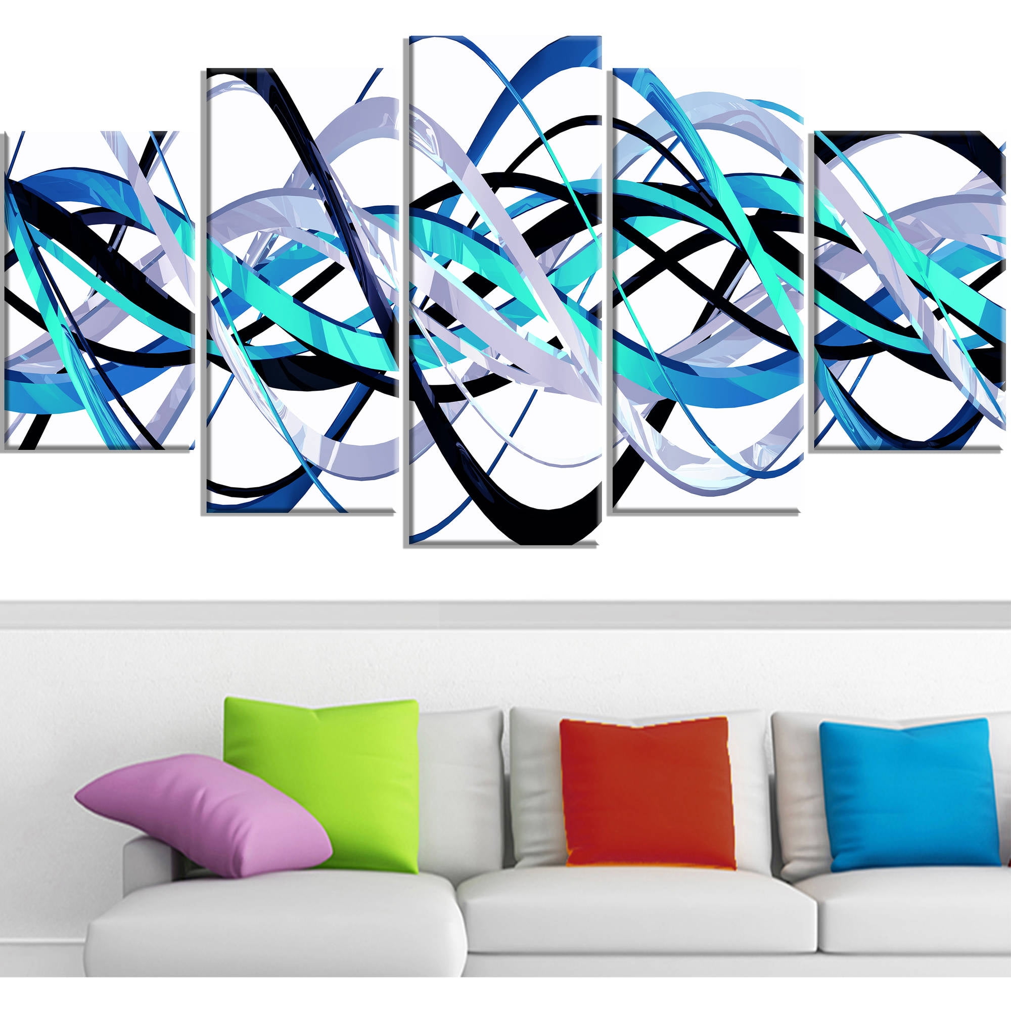 Blue and Silver Abstract Waves 5-Piece Canvas Wall Art Set