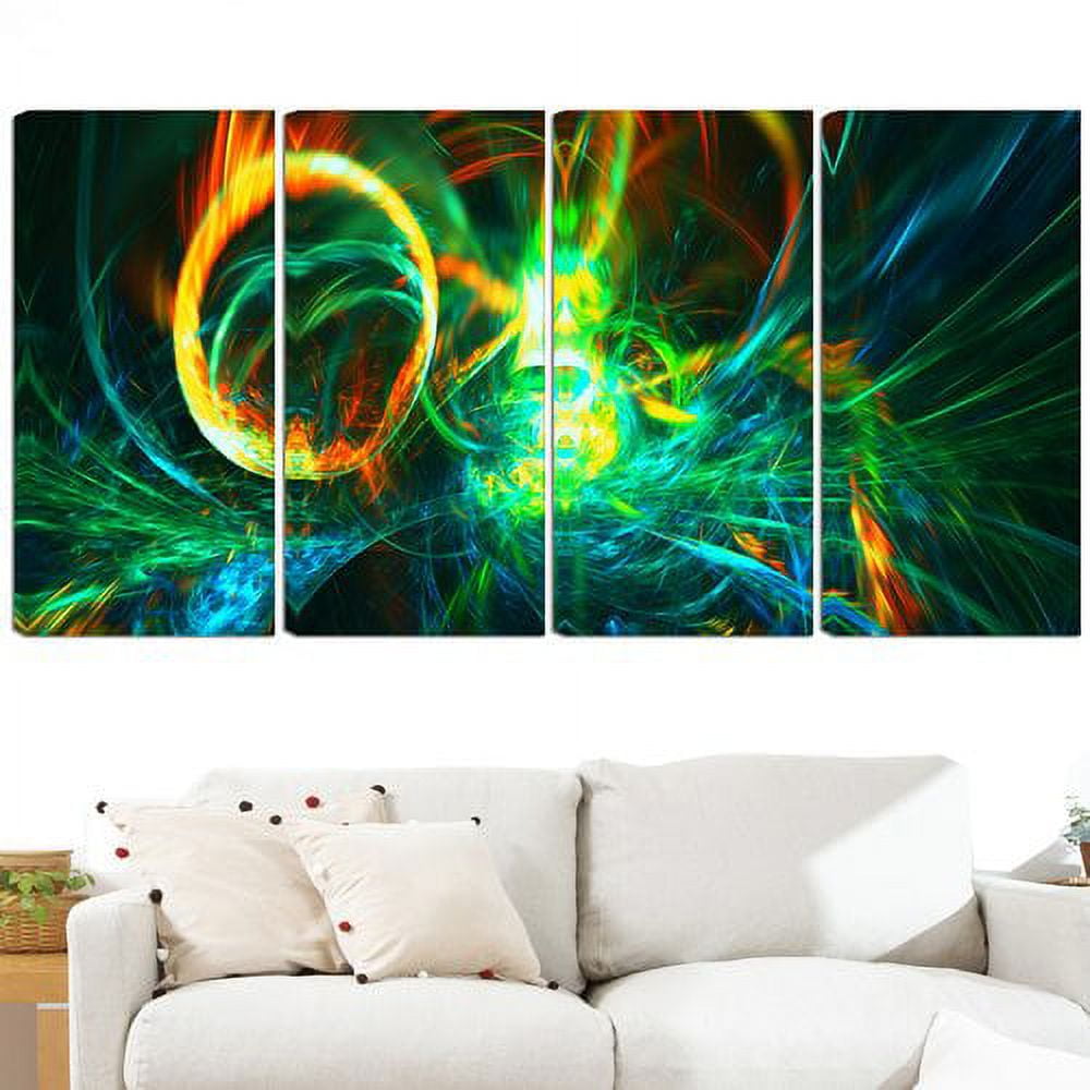 Design Art Fire Green Abstract Art on Canvas, 4 Panels, 48