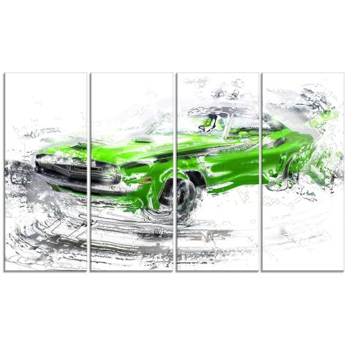 Design Art Green American Classic Car 4 Piece Graphic Art on Wrapped Canvas Set