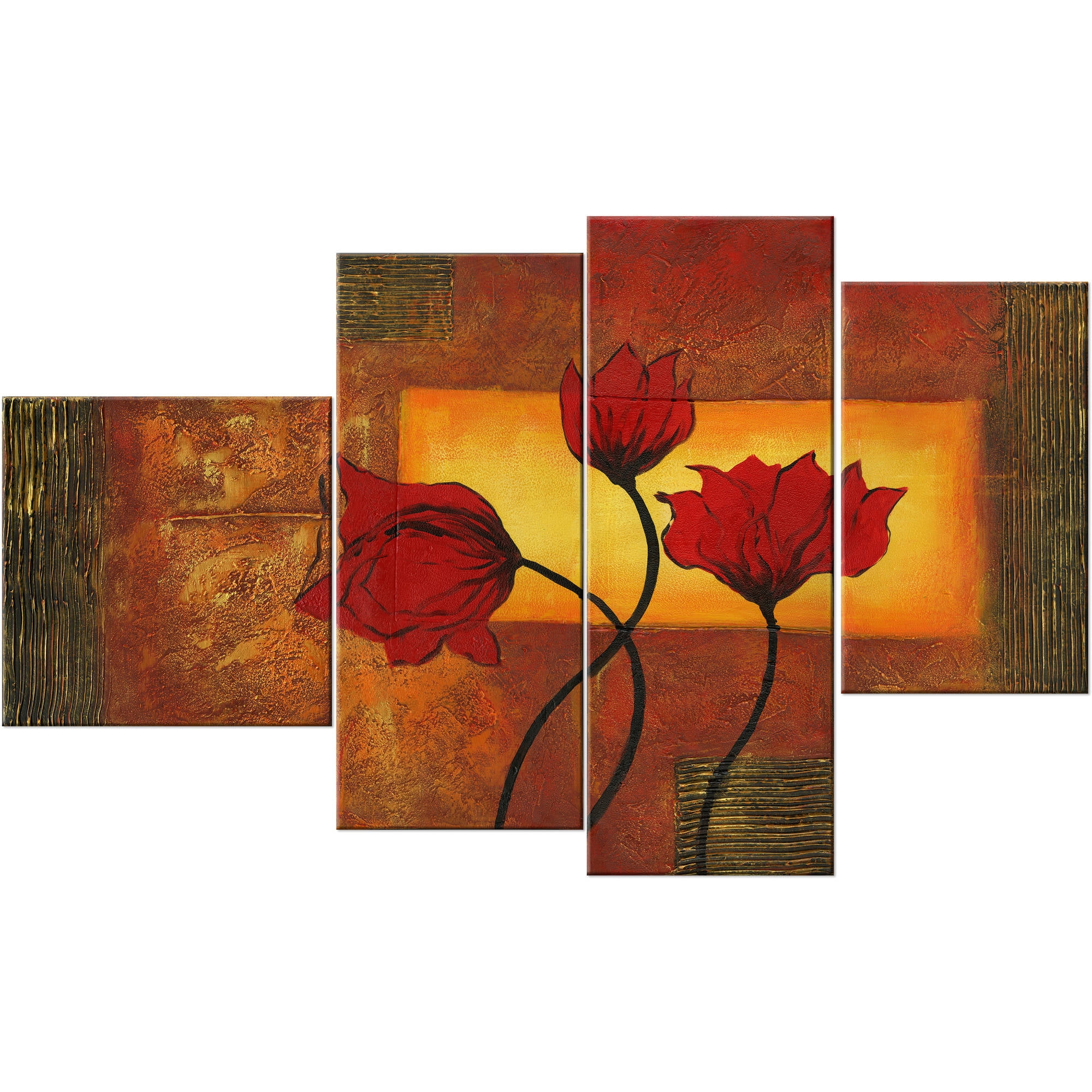 Design Art Red Flowers Canvas Print, 4 Pieces, 52" x 32"
