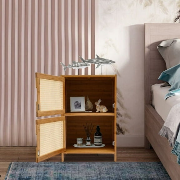 Design Bed Side Nightstand Storage Bamboo Cabinet Drawer With Rattan Door