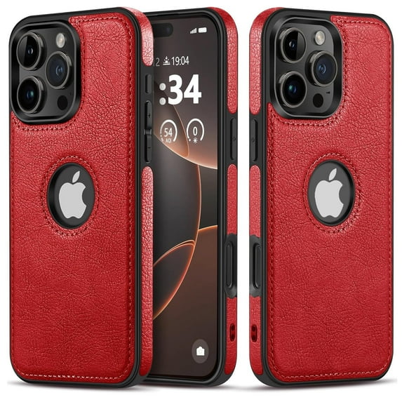 XG-Tech Luxury Leather Business Vintage Slim Non-Slip Cell Phone Case for iPhone 16 Pro Max, Red