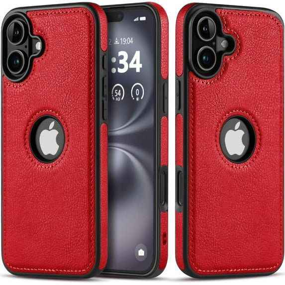 Design Compatible with iPhone 16 Plus Case Luxury Leather Business Vintage Slim Non-Slip Soft Grip Shockproof Protective Cover (2024) 6.7 Inch (Red)