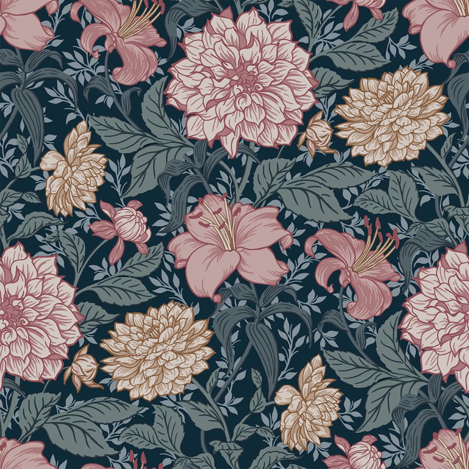 Persephone Blue and Pink Floral Non-Woven Wallpaper
