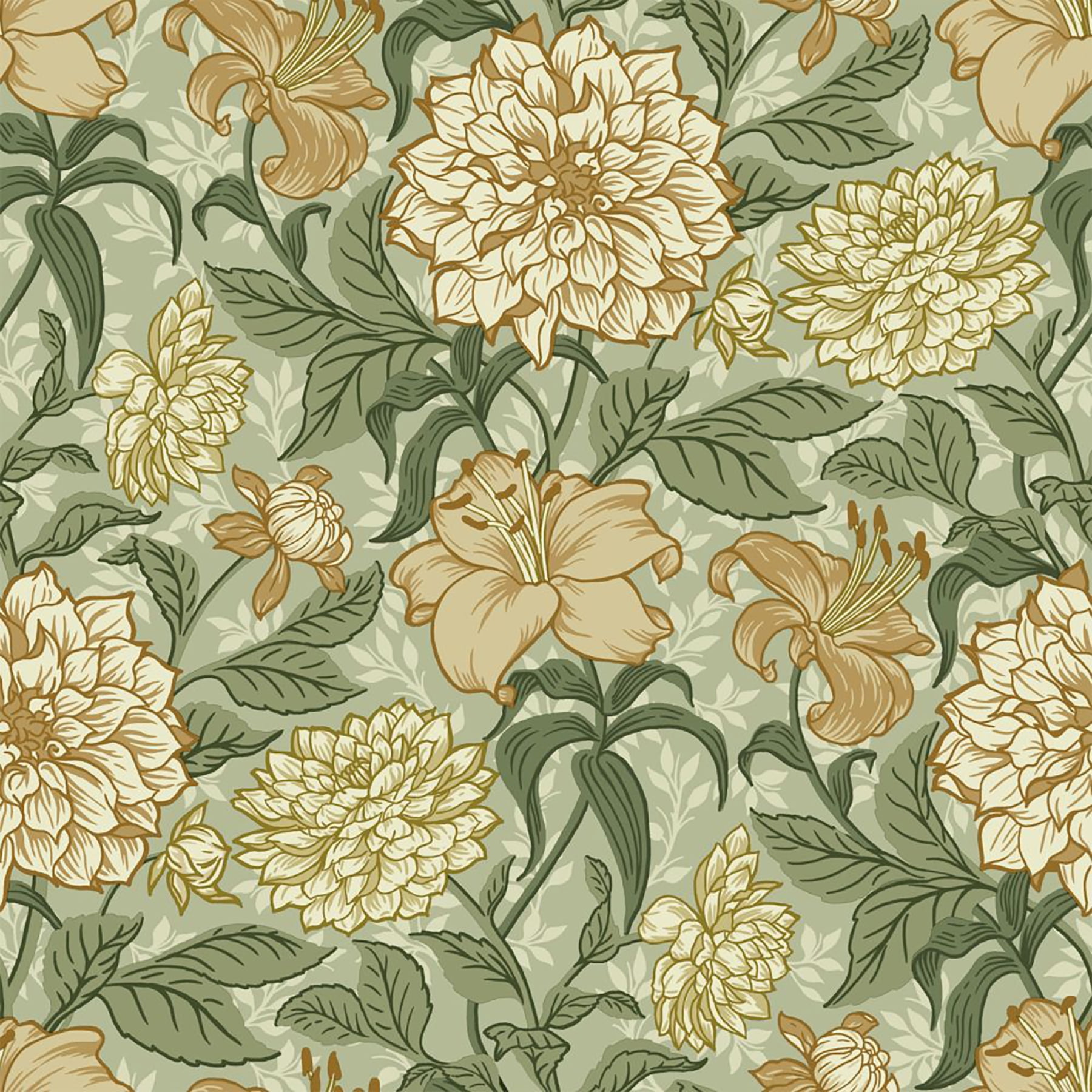 Persephone Golden Yellow and Pale Green Floral Wallpaper