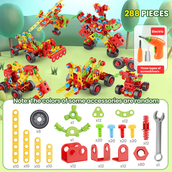 Design & Drill Construction Tool Sets for Kids, 288 Pieces Construction Creative Building Set with Electric Screwdrivers Toy for Boys Girls Educational Insight Gifts