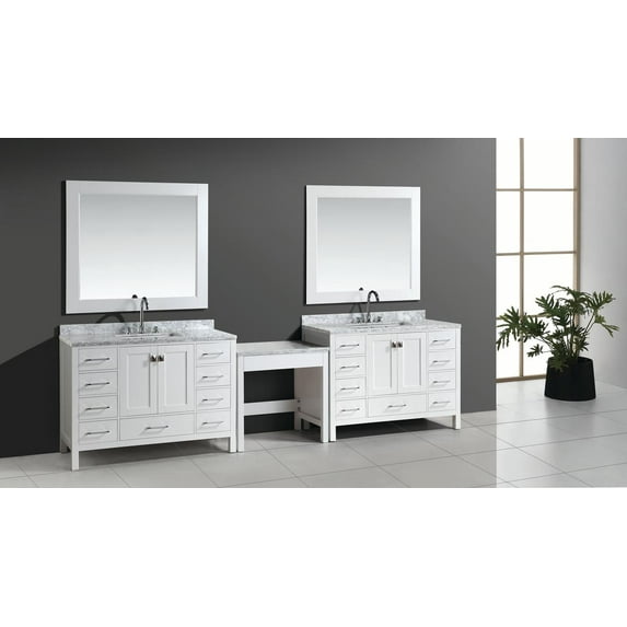 Design Element 126" Double Sink Bathroom Vanity Set in White with Matching Marble Make-up Table Set