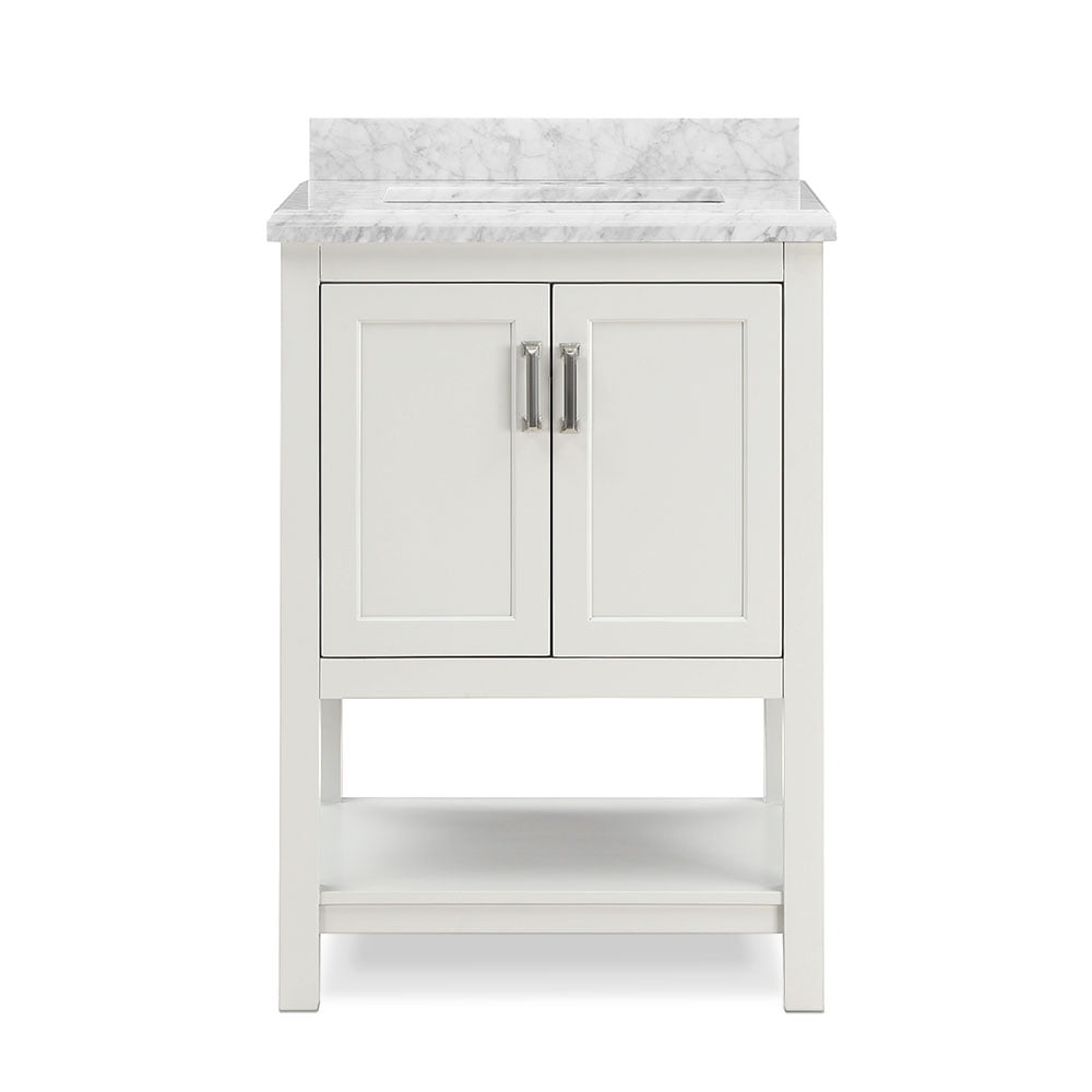 White Pine and Carrara Marble Single Sink Bathroom Vanity