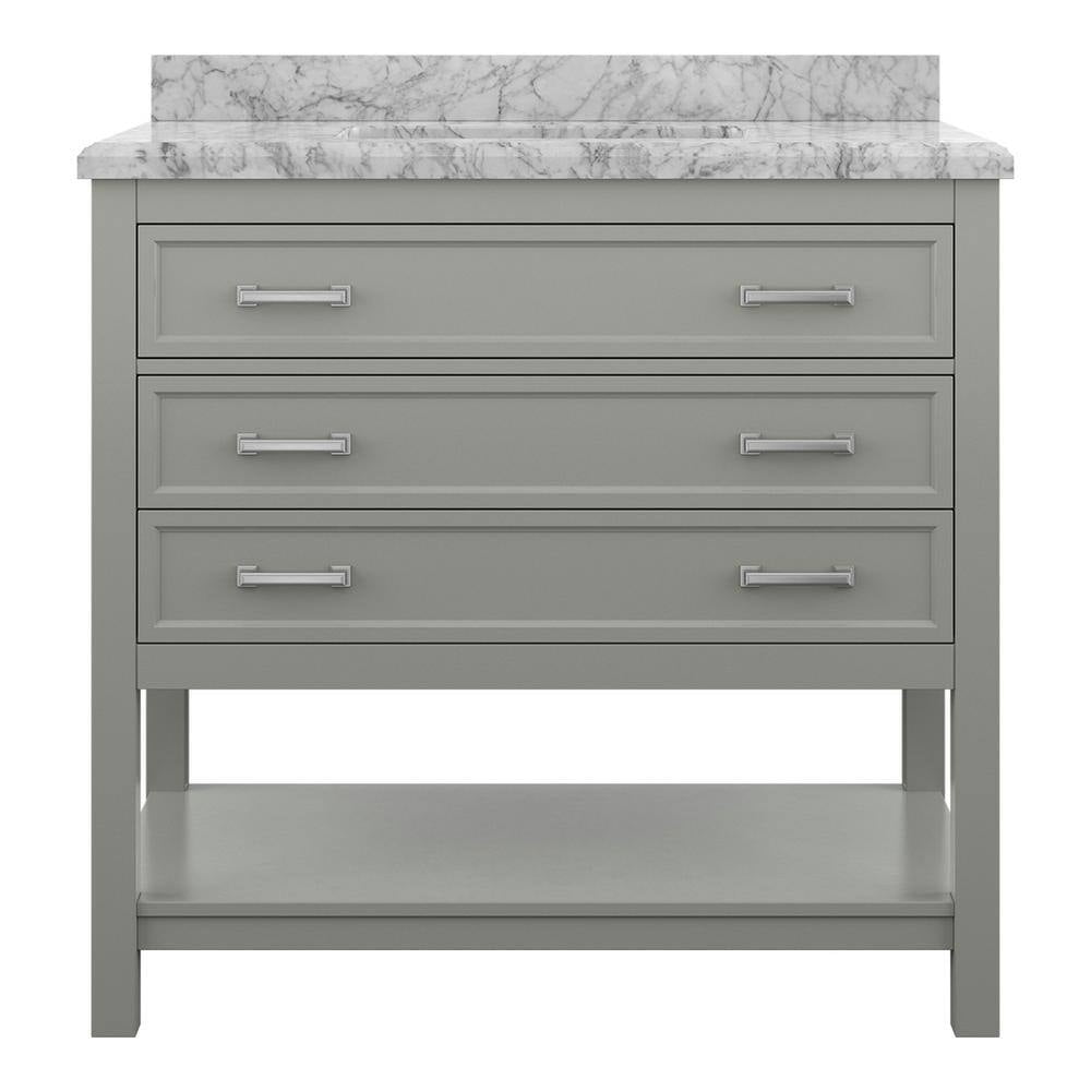 Grey Pine Wood Single Sink Bathroom Vanity with Carrara Marble Top