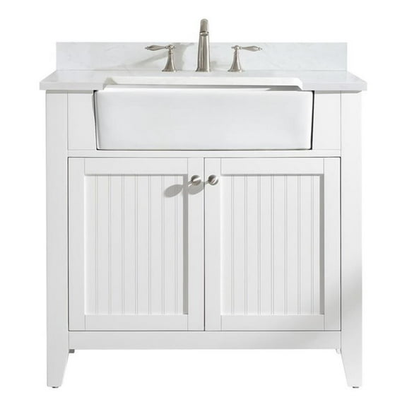 Burbank 36" Single Sink Bathroom Vanity Set in White with Carrara Marble Top and Farmhouse Sink - No Assembly Required